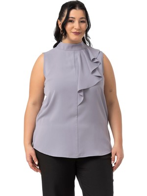 Disentis Modest Büyük Beden Yarım Dik Yaka Asimetrik Volanlı Kolsuz Zümrüt Yeşili Bluz