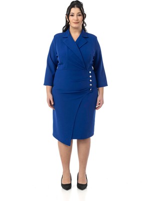 Büyük Beden Kruvaze Ceket Yaka Süs Düğme Detaylı Truvakar Kol Saks Mavi Elbise