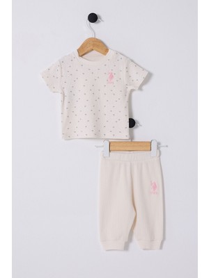 U.S. Polo Assn. Kız Bebek Takım Ekru Renkli Günlük Desenli 12 - 18 Ay Ev Giyimi