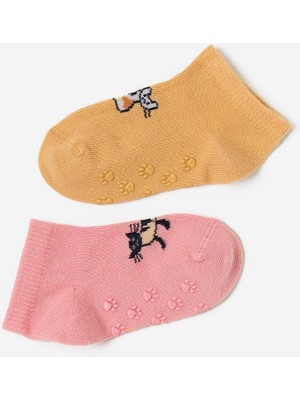 Bebek Kedi Desenli 2'li Step Çorap Pembe-Kahverengi
