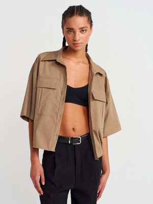 Dilvin 50495 Oversize Cepli Gömlek-Camel