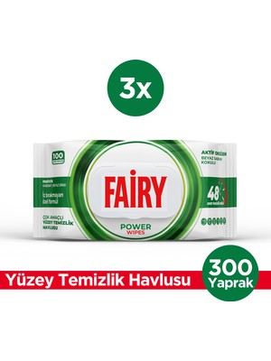 Fairy Power Wipes Yüzey Temizleme Mendili 100 Yaprak 3 Adet | Beyaz Sabun | Beyaz Sirke & Karbonat