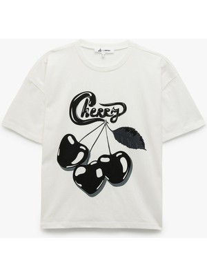 Koton Kısa Kollu Bisiklet Yaka Pamuklu Arkası Baskılı Oversize Tişört