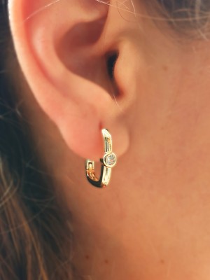 Gold Tek Taş Detaylı Şık U J Model Kadın Halka Küpe