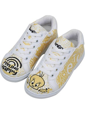 Çocuk Vegan Deri Beyaz Sneakers - Warner Bros Feeling-Happy Tasarım