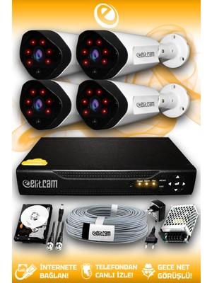Elitcam 4 Kameralı Uzay 4 Dış Kamera Set 1 TB HDD Full HD Gece Görüşlü Güvenlik Kamerası Sistemi
