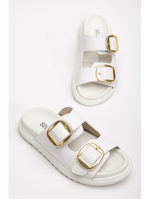 Harmony Çift Tokalı Yumuşak Tabanlı Günlük Beyaz Terlik