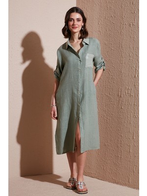 Via Dante Regular Fit Truvakar Kol Midi Keten Elbise Bayan Elbise 6689544