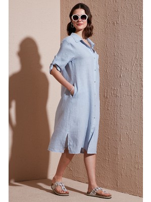 Via Dante Regular Fit Truvakar Kol Midi Keten Elbise Bayan Elbise 6689690