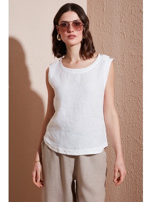 Via Dante Regular Fit Yuvarlak Yaka Oval Kesim Keten Top Bayan Top 6251714