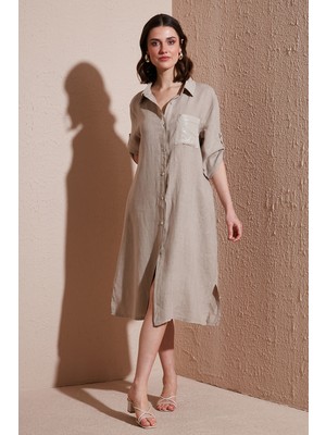 Via Dante Regular Fit Truvakar Kol Midi Keten Elbise Bayan Elbise 6689687