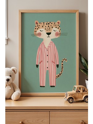 Artiera Sevimli Pijamalı Kaplan Çocuk Odası ve Bebek Odası Ahşap Çerçeveli Duvar Tablosu