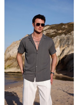 Pobudo Erkek Antrasit Renk Burgu Desen Kısa Kol Gömlek