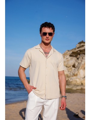 Pobudo Erkek Bej Renk Örme Kilim Desen Kısa Kol Gömlek