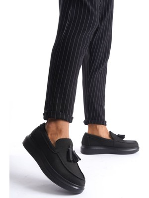 Zerenyus SLW154 Blaze Bağcıksız Püsküllü Keten Erkek Günlük Erkek Klasik Ayakkabı Siyah