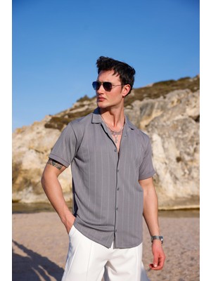 Pobudo Erkek Antrasit Renk Örme Kilim Desen Kısa Kol Gömlek