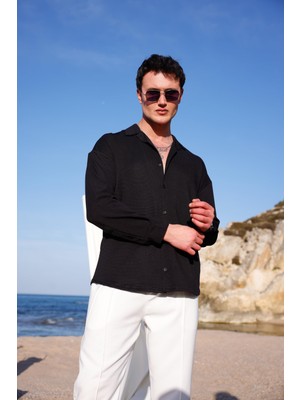 Pobudo Erkek Siyah Renk Örme Ottoman Kumaş Uzun Kol Gömlek