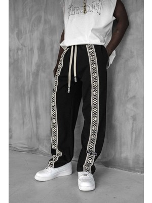Erkek Şeritli Etnik Desenli Rahat Baggy Fit Eşofman Siyah