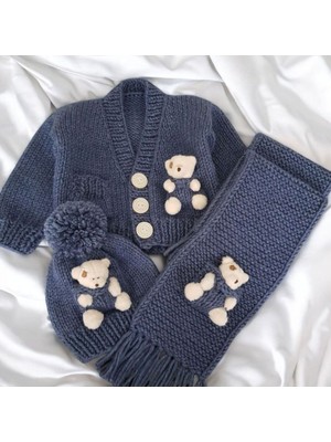 El Örgüsü  Ayıcıklı Bebek Hırkası, Atkı,bere Set