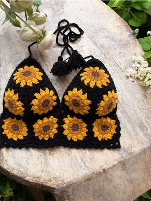 El Örgüsü Ayçiçeği Motifli Crop Büstiyer, Bikini Üstü ,handmade Bluz