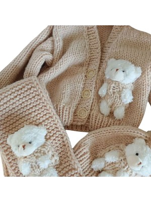 El Örgüsü  Ayıcıklı Bebek Hırkası, Atkı,bere Set