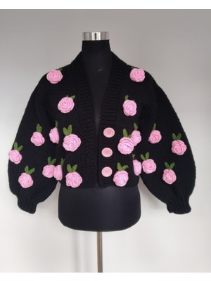 Gül Detayli El Örgüsü  Siyah Kadın Hırka, Çiçekli Hırka,trend Hırka