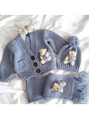 El Örgüsü  Ayıcıklı Bebek Hırkası, Atkı,bere Set