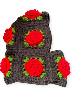 Gül Motifli Crochet Balaclava El Örgüsü Boyunluklu Bere,örgü Şapka