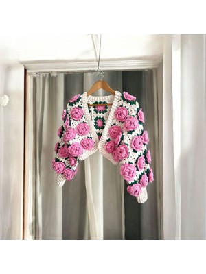 Gül Motifli Crop Tığ Işi Crochet El Örgüsü Hırka