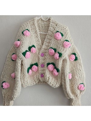 Gül Detayli El Örgüsü  Kadın Hırka, Çiçekli Hırka,trend Hırka