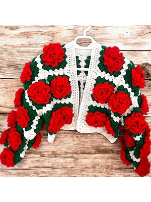 Gül Motifli Crop Tığ Işi Crochet El Örgüsü Hırka