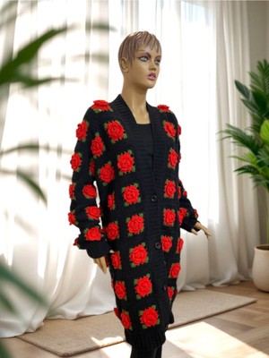 Gül Motifli Uzun Kadın Hırka Tığ Işi Crochet El Örgüsü Hırka