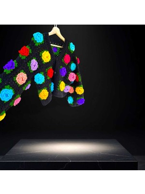 Gül Motifli Crop Tığ Işi Crochet El Örgüsü Hırka