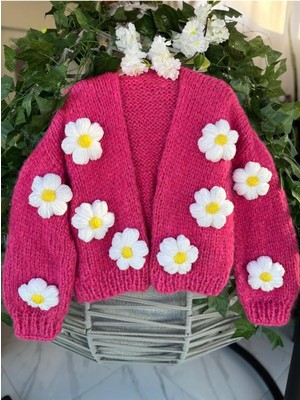 El Örgüsü Pembe Papatya Desenli Moher Hırka