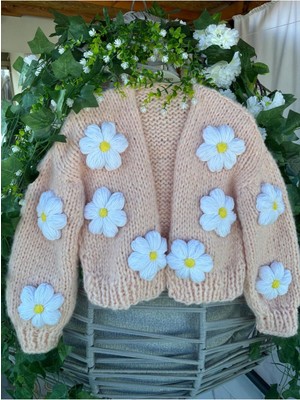 El Örgüsü Somon Renk Papatya Desenli Moher Hırka