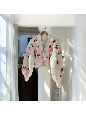 Gül Detayli El Örgüsü  Kadın Hırka, Çiçekli Hırka,trend Hırka