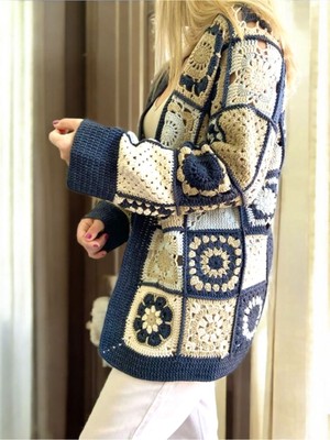 Motif Detaylı Pachwork Kadın Hırka, Trend Lacivert  Tığ Işi Kadın Hırka