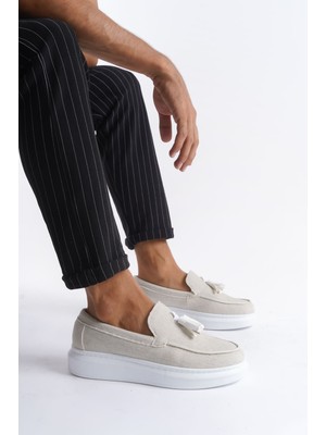 SLW154 Blaze Bağcıksız Püsküllü Keten Erkek Günlük Erkek Klasik Ayakkabı Beyaz