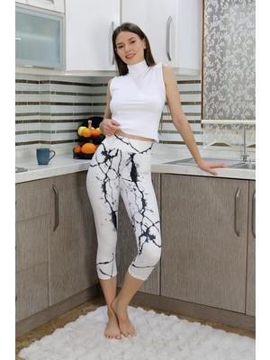 Akbeniz Kadın Micro Desenli Dizaltı Tayt Beyaz 5921