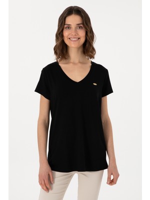 U.S. Polo Assn. Kadın Siyah V Yaka Basic Tişört 50300829-VR046