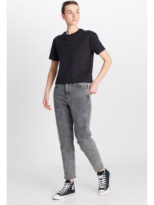 Mom Fit Yüksek Bel Dar Paça Açık Gri Pamuklu Esnek Jean Denim Pantolon