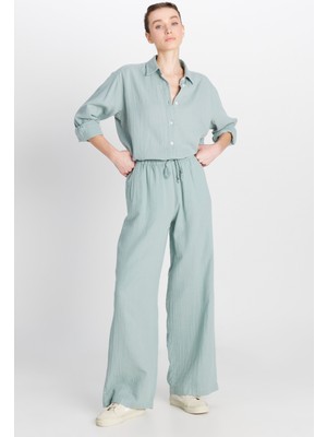 %100 Pamuk Regular Fit Normal Kesim Yüksek Bel Geniş Paça Müslin Desenli Yeşil Pantolon