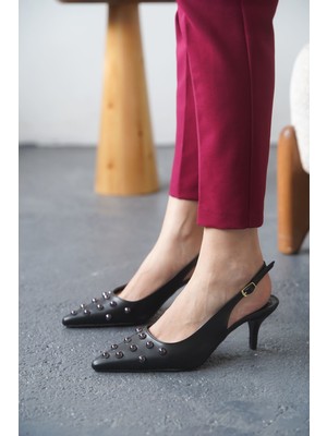 Moda Adam Kadın Volate Troklu Kısa Topuklu Ayakkabı - Siyah-Deri
