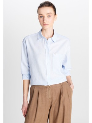 Relaxed Fit Geniş Kesim Uzun Kollu Keten Karışımlı Mavi Gömlek