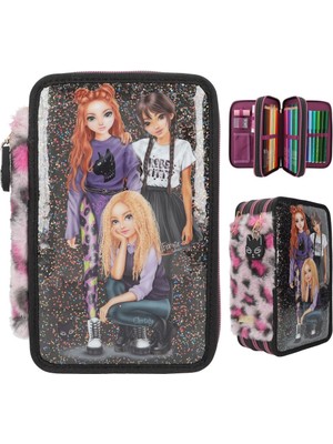 Top Model Üçlü Kalem Kutusu Rebel Kıtty Polyester Malzeme ile Gri Renkli Tasarım