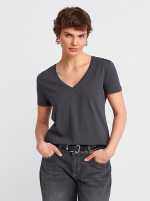 3470 V Yaka Basic T-Shirt-Koyu Antr.