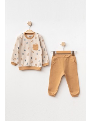 Aziz Bebe Erkek Bebek Geyik Desenli Sweatshirt Pantolon 2 'li Alt Üst Bebek Takımı 3 Ay - 18 Ay