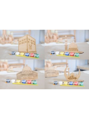 4'lü Ahşap Kâbe, Mescid-I Nebevi, Mescid-I Aksa ve Hilal Boyama Seti – Eğitici & Dekoratif