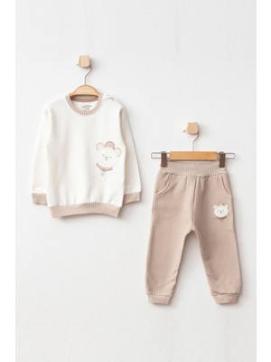 Aziz Bebe Erkek Bebek Ayı Nakışlı Sweatshirt Pantolon 2 'li Alt Üst Bebek Takımı 3 Ay - 18 Ay