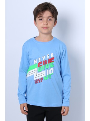 Erkek Çocuk Uzun Kollu Tshirt Never Give Up Baskılı Bisiklet Yaka D10